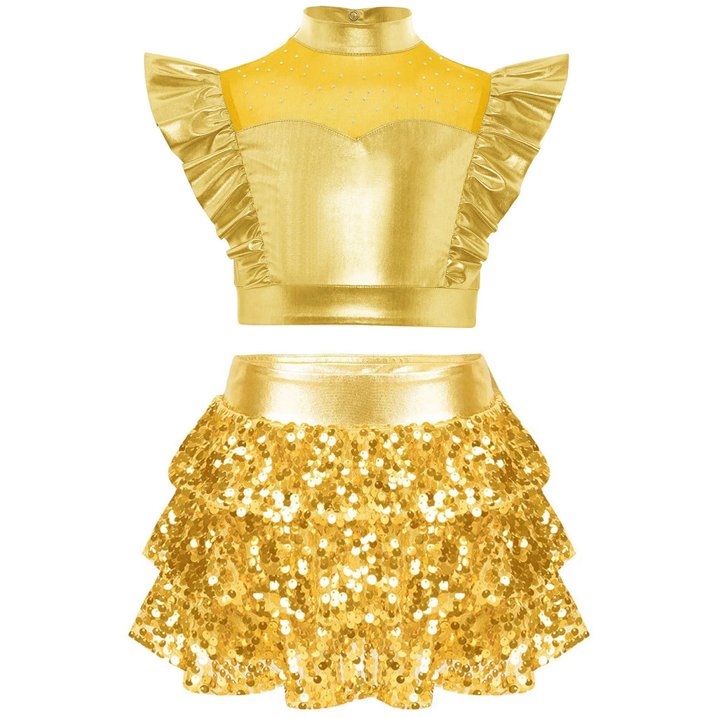 Kid Girls Hip Hop Dance Clothes Kids Jersey Sequin Tiered Skirt Long Tank Top Jazz Metallic Holographic Crop To Cheerleading Set