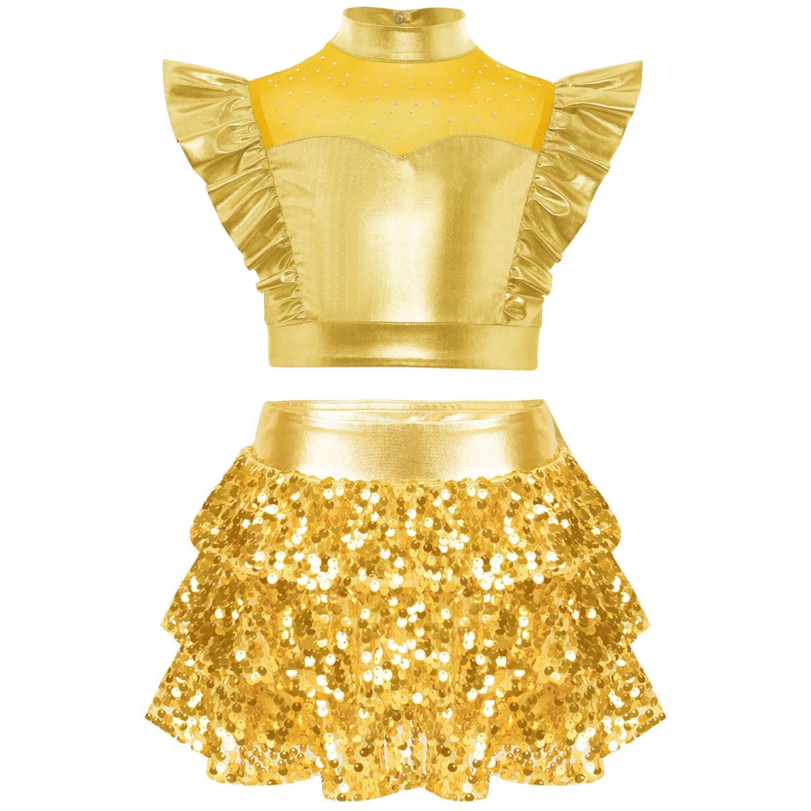 Kid Girls Hip Hop Dance Clothes Kids Jersey Sequin Tiered Skirt Long Tank Top Jazz Metallic Holographic Crop To Cheerleading Set
