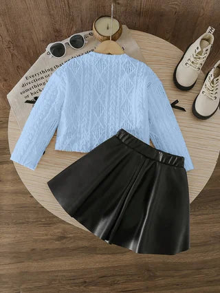 Girls' Fashion Two-Piece Set – Cute Bow Cutout Round Neck Long-Sleeve Knit Top + Versatile Black PU Mini Skirt