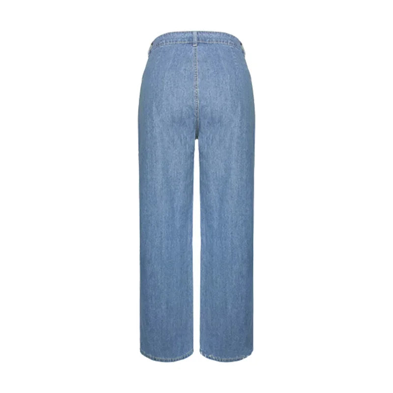 Chic Whitish Blue Women Straight Jeans Korean Casual Wide Leg Trousers Female 2023 Elegant Commuter Loose High Waist Denim Pants