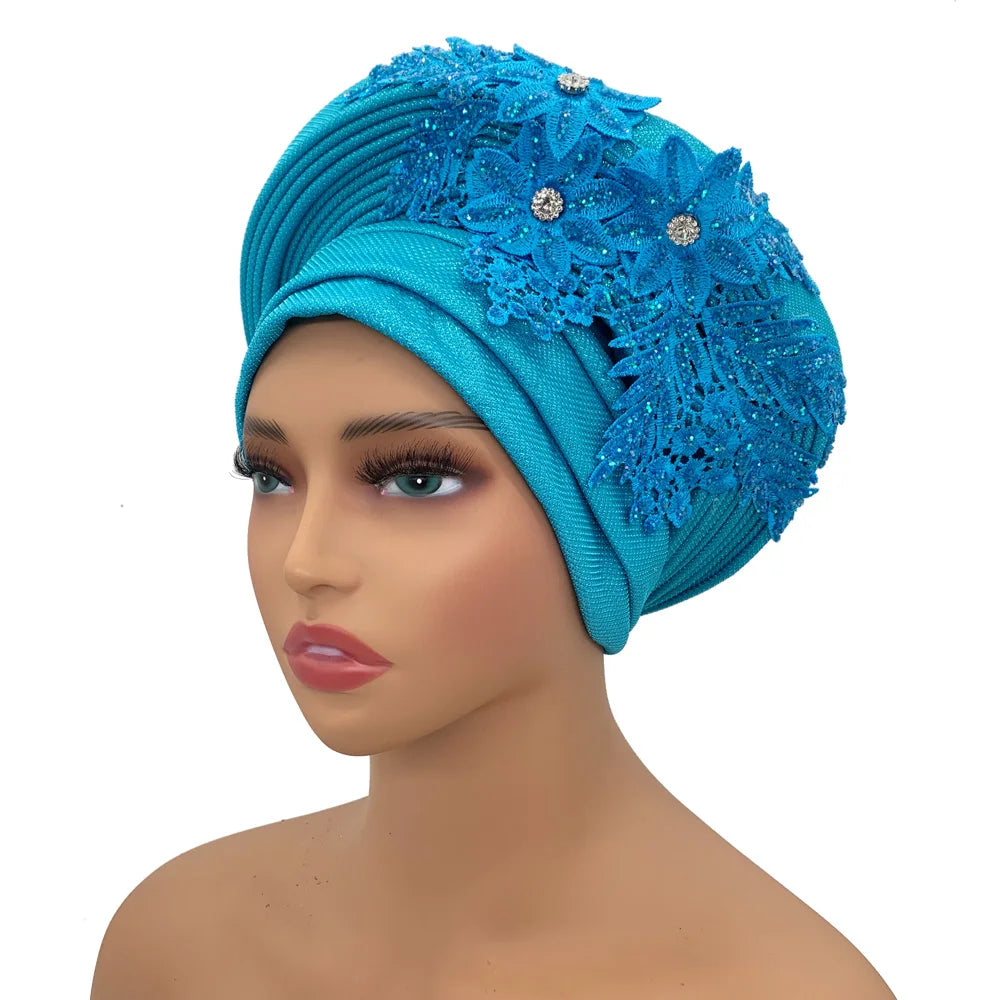 Elegant African Autogele Women's Turban Cap Nigeria Wedding Gele Ready to Wear Headtie with Embroidery Lace Party Headwear