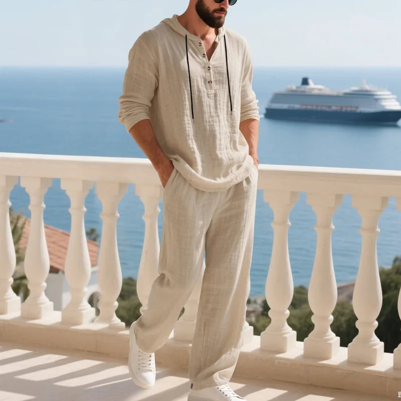 Men's Linen Hooded Sets 2 Piece Outfit Summer Casual Long Sleeve Hoodie and Wide Leg Pants Set for Men