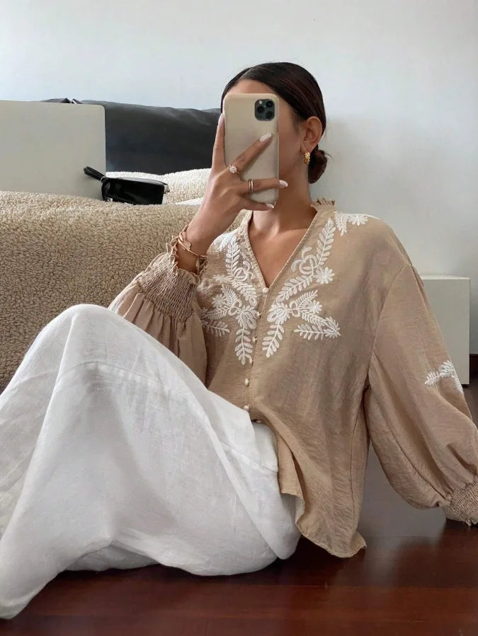 Women Autumn Single Breasted V-neck Blouses and Shirts Ladies Casual Embroidery Long Sleeve Shirt Tops