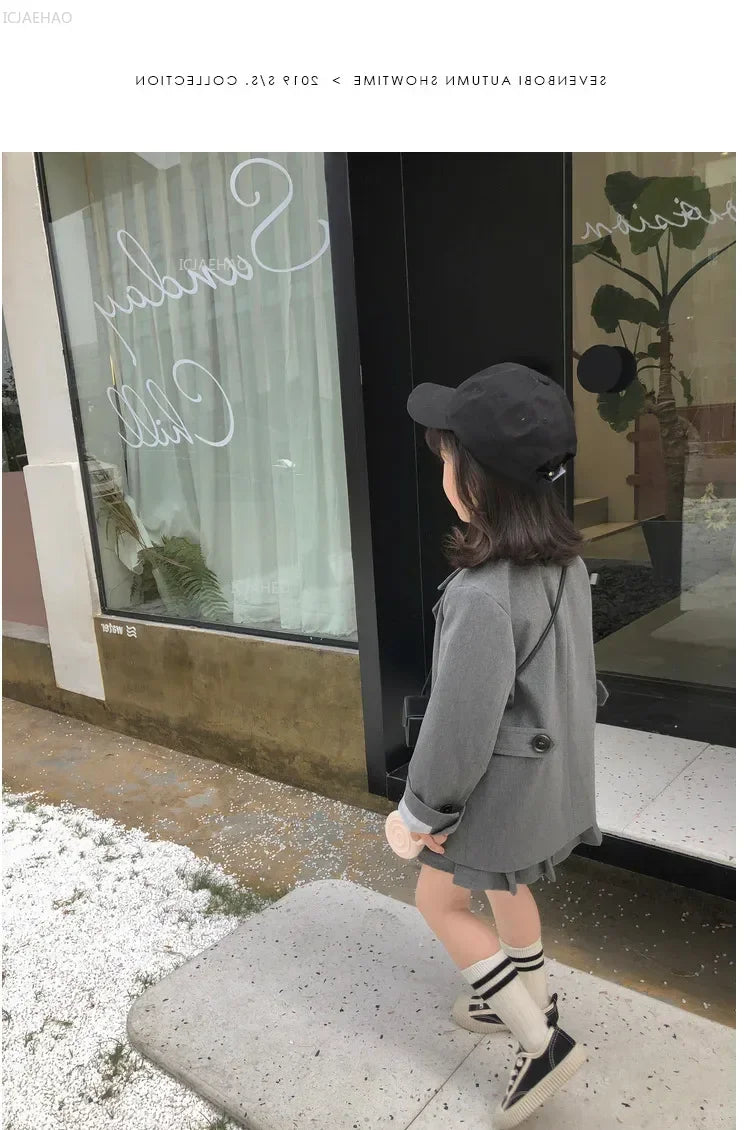 Baby Girls Boy Suit  Kids Tops Coats Jacket British Gray Childrens Clothing Fashion Double-breasted Spring Autumn Costume Sets