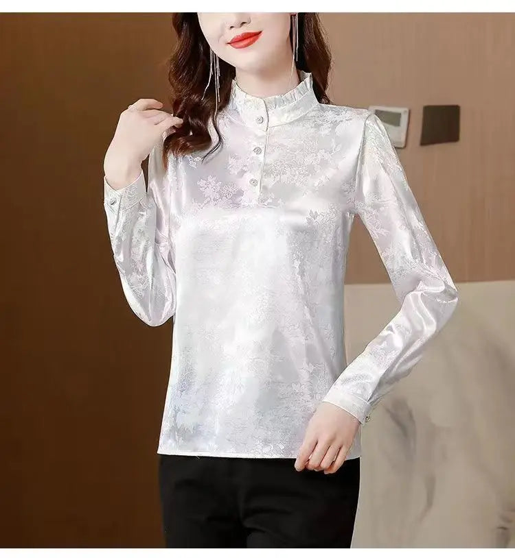 Premium Satin Blouse Women Spring Age-Reducing Print Loose Long Sleeve Top Fashion Elegant Collar Shirt