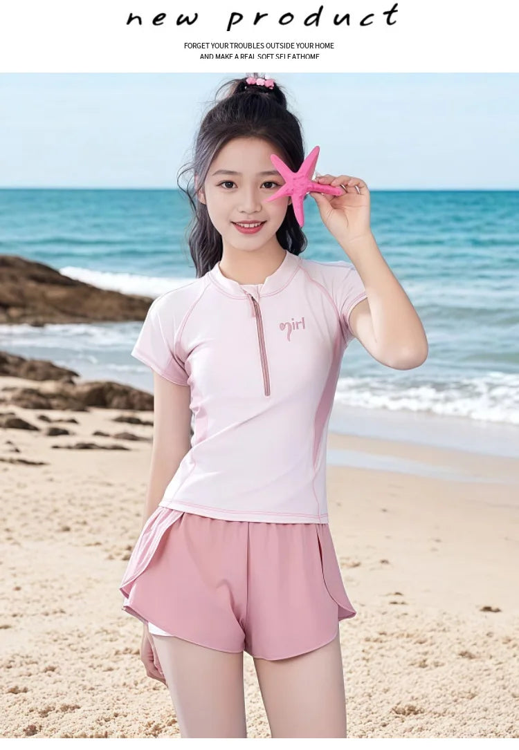Summer New Girls Swimwear Teen Conservative Two Piece Sports Swimsuit for Developing Youth