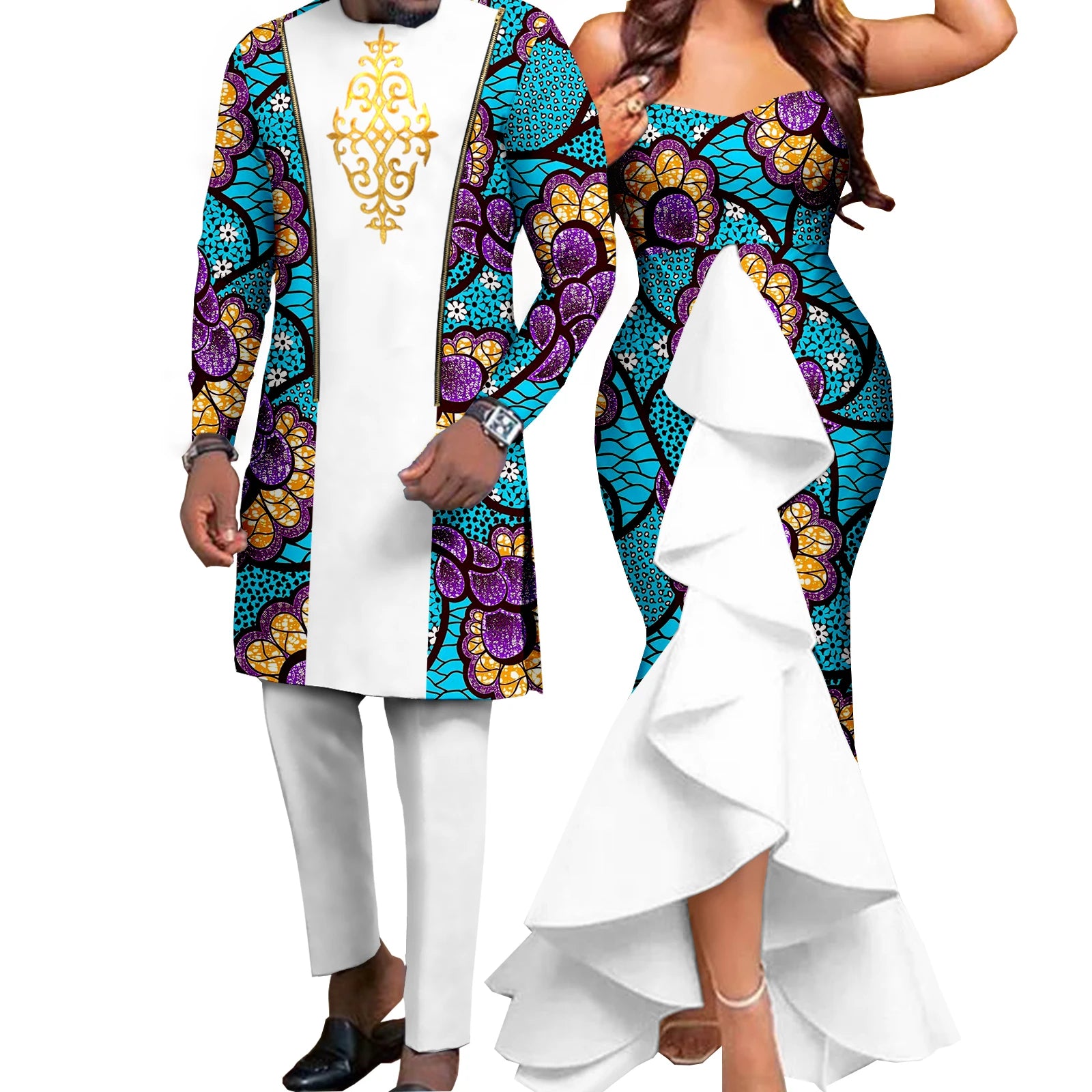 Dashiki African Women Mermaid Dresses Matching Men Outfits Pant Sets Bazin Riche African Couple Clothes for Wedding Y22C080