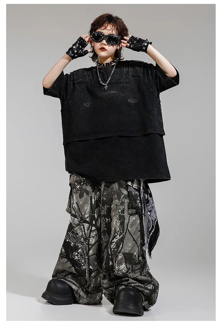 Kid Kpop Clothing Fake-2-Piece T Shirt Leaf Print Streetwear Harajuku Hip Hop Jeans for Girl Boy Jazz Dance Costume Clothes