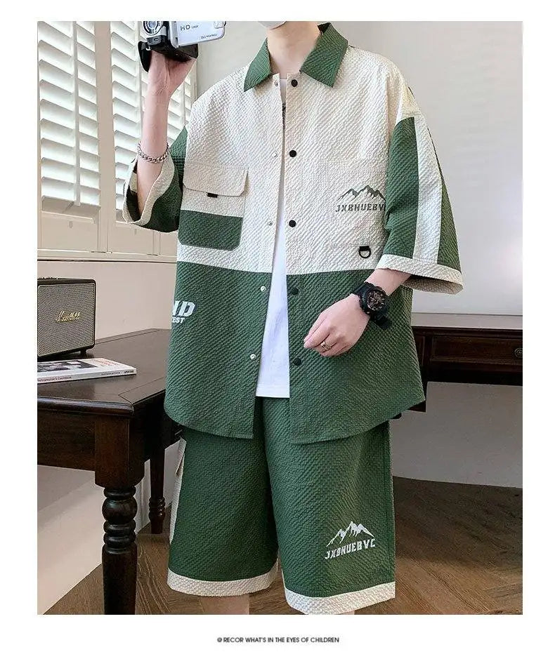 Men's 2 Piece Matching Set Short Sleeve Button Down Shirt + Cargo Shorts Textured Color Block Outfit Loose Fit Summer Lounge Set