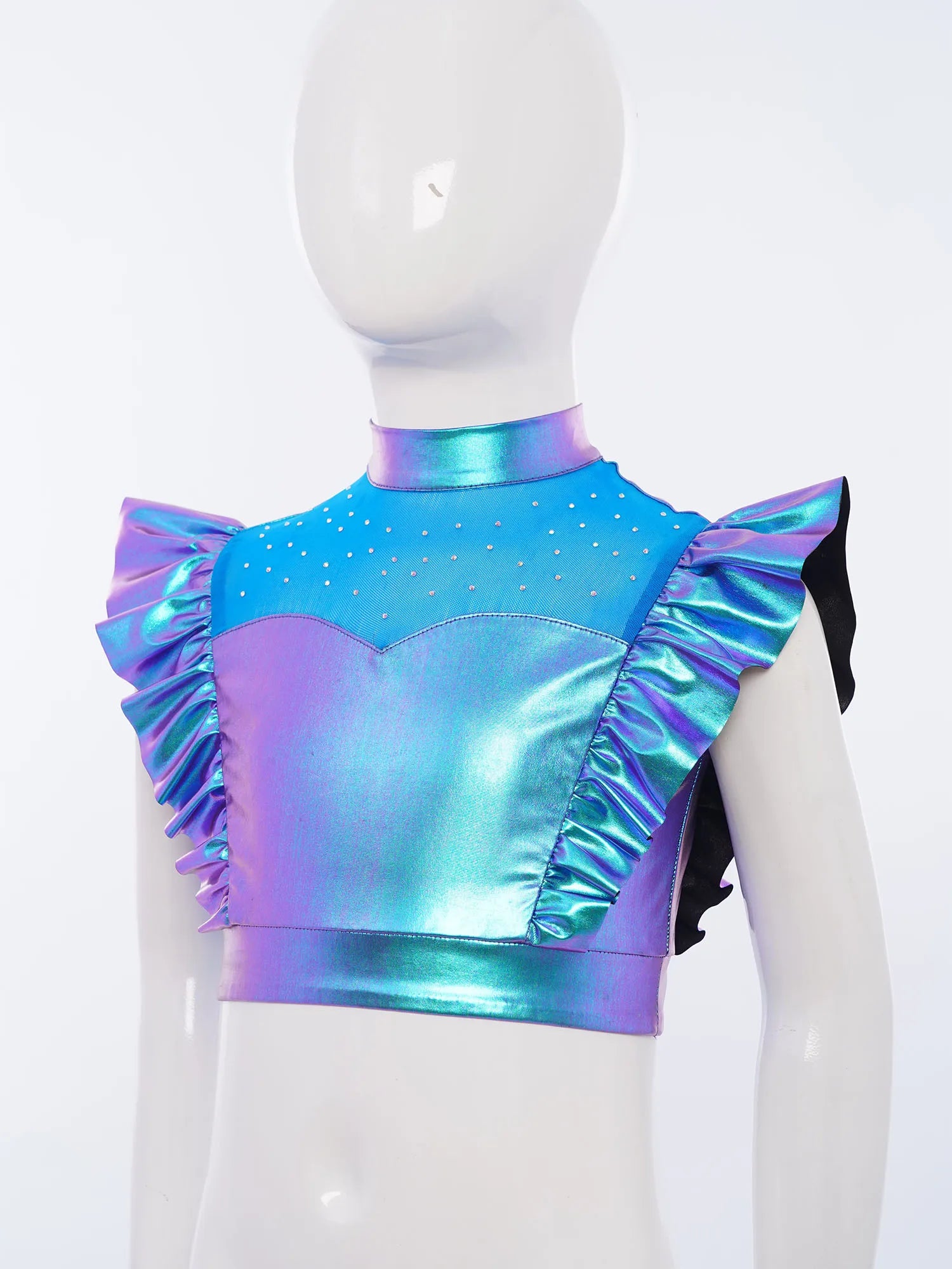 Kids Girls Metallic Shirts Party Disco Jazz Dance Tops Mock Neck Mesh Splice Shiny Rhinestone Sleeveless Ruffle Tank Crop Tops