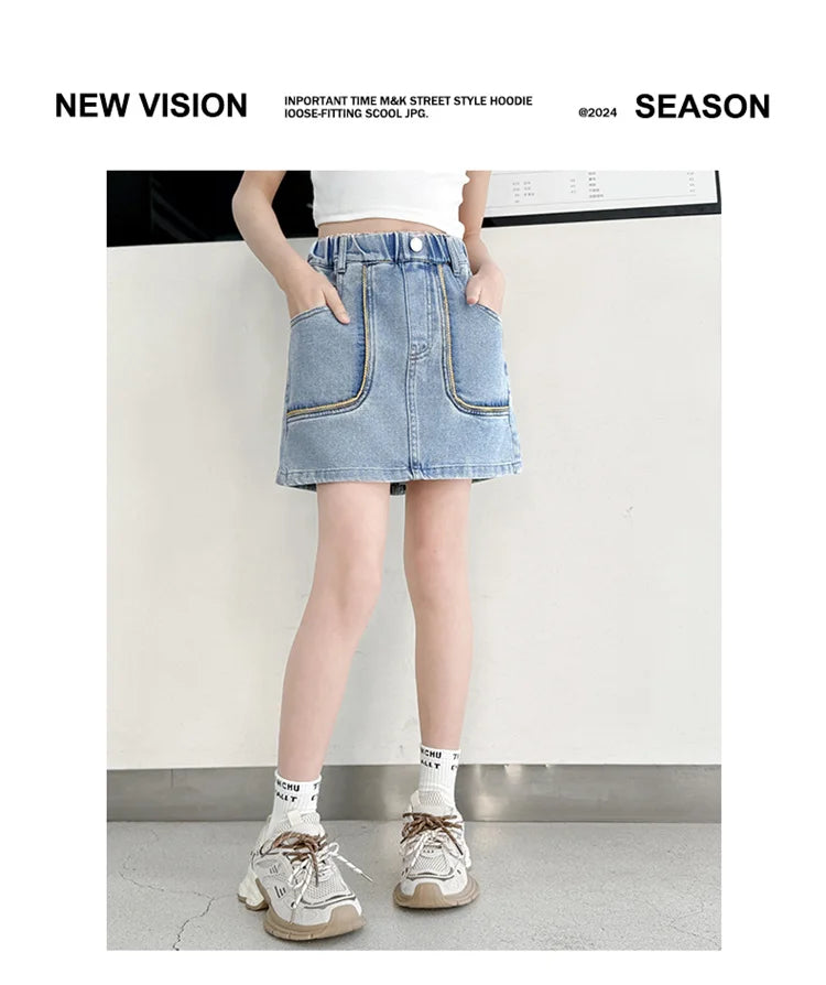 Korean Style Children Denim Mini Skirt with Inner Shorts For Girls Fashion Streetwear Summer Slim Fit Skirts with Pockets Front