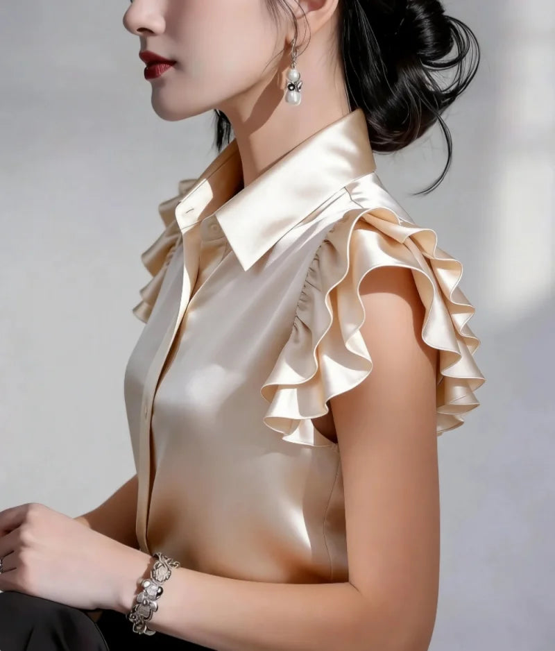 Women Elegant Satin Ruffle Sleeve Button Down Blouse Turn Down Collar Office Work Casual Shirt Top