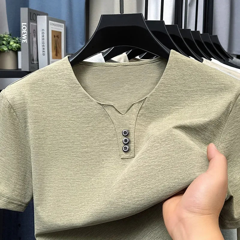 Three Button V-neck T-shirt Men 2026 New Men's Business Casual Short Sleeve Tshirt Korean Style Summer Comfortable Versatile Top