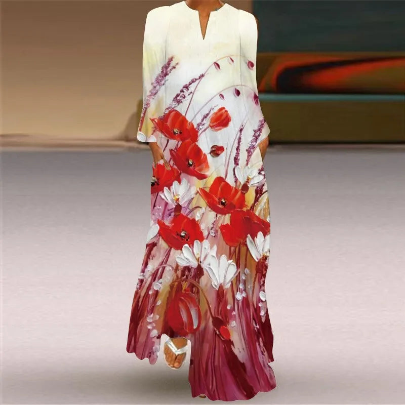 Summer Dress Woman 2025 New Long Dress Party Travel Photography 3D Printing Dress Red Long Sleeve V-neck Elegant Pocket Dresses