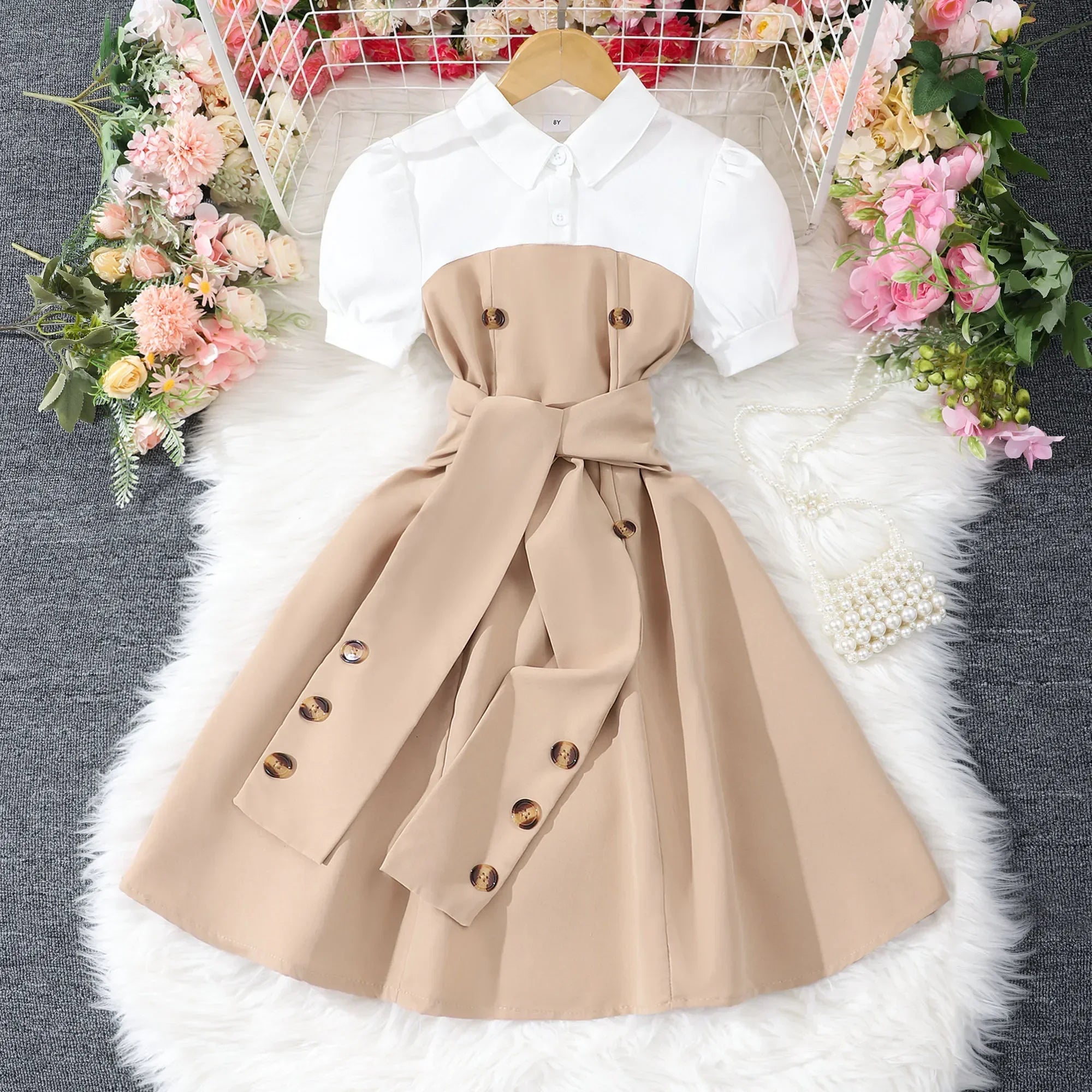 New Khaki Girl Dress Summer Casual Vacation Children Dresses Fashion Elegant Retro British Girls Party Dress 7 8 9 10 11 12 Yrs