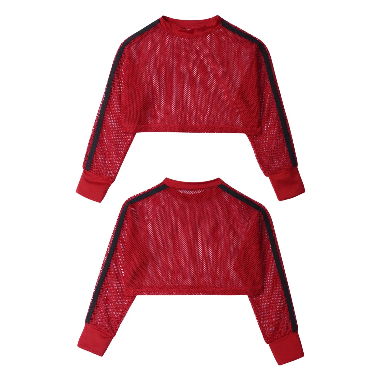 Kids Girls Fishnet T-shirt Hip Hop Street Dance Tops Long Sleeve Round Neck Hollow Out Mesh Crop Top for Workout Gym Sportswear