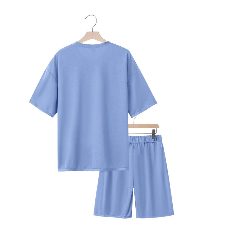 Men's two-piece clothing set, loose round-neck T-shirt and shorts set, casual sportswear, perfect for summer