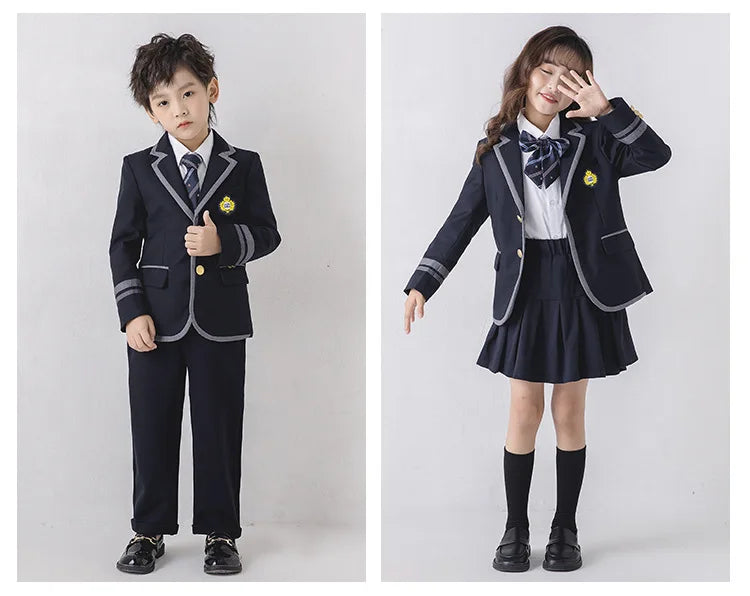 Child School Uniform Girls Korean Japanese Navy Jacket Pleated Skirt Boys Formal Dress Suits Kids Student Clothes Class Sets