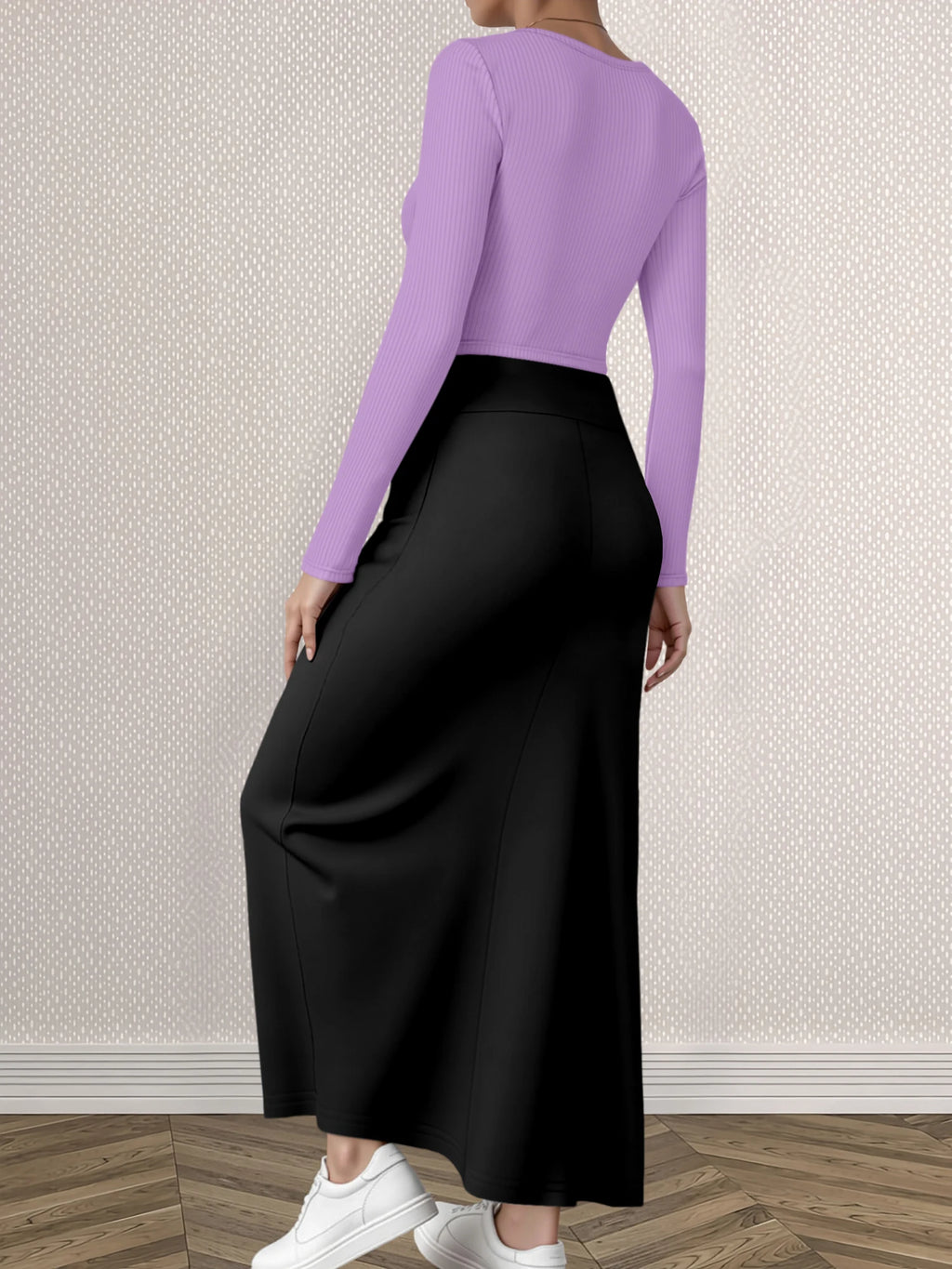 Mature Style Women 2Pcs Outfit, Ribbed Square Neck Crop Top + High Waist Draped A-Line Maxi Skirt