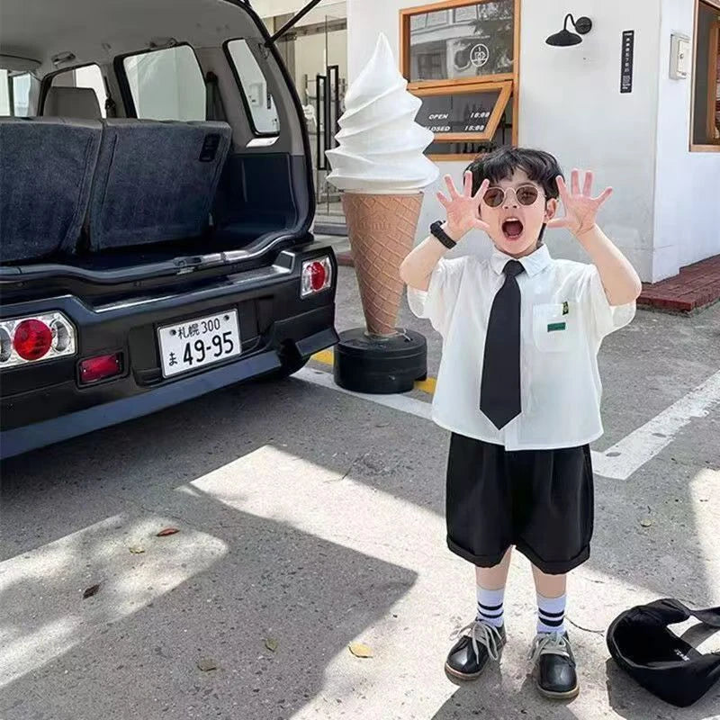Boys Summer Formal Clothing Set 3PC Gentleman Outfit Short Sleeve Shirt Shorts with Tie for Toddler Kids Party School Daily Wear