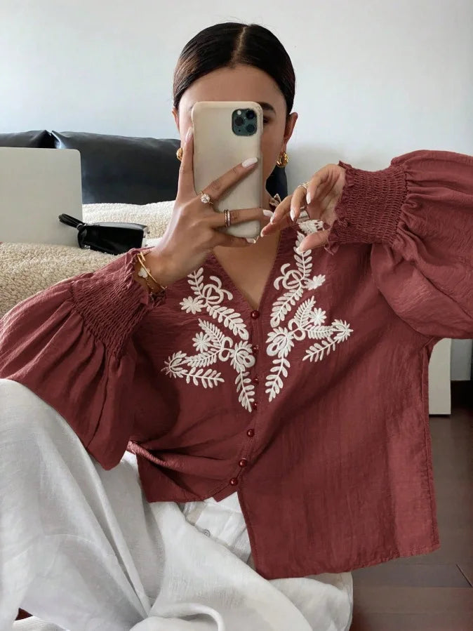 Women Autumn Single Breasted V-neck Blouses and Shirts Ladies Casual Embroidery Long Sleeve Shirt Tops