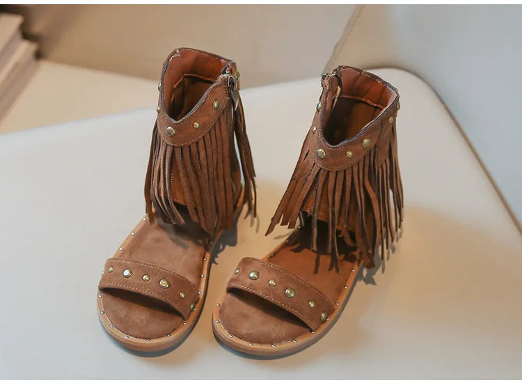 Sandals for Girl Summer New Fashion Strap Roman Sandals with Tassel Rivet Girl Shoes Personalized Kid Cool Boot Sandalias Mujer