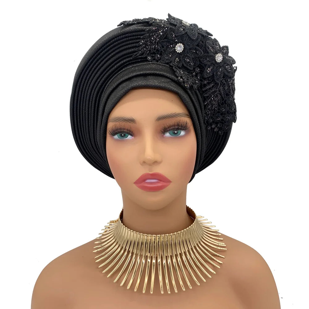 Elegant African Autogele Women's Turban Cap Nigeria Wedding Gele Ready to Wear Headtie with Embroidery Lace Party Headwear