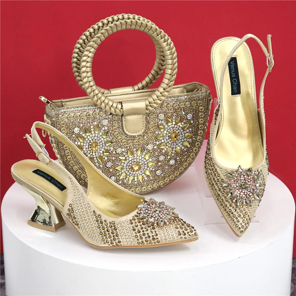 Nigeria Fashion Rhinestone-encrusted Ladies Party Shoes And Special bags High Heels And Dual Purpose Bag Women's Shoes