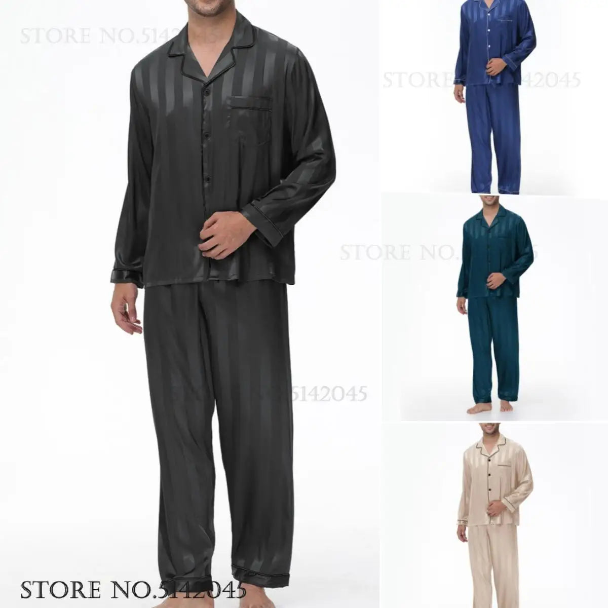 Men Pajamas Sleepwear 2PCS Set Navy Blue Stripes Long Sleeve Trouser Suits Home Clothes Male Loose Silk Satin Pijamas Loungewear