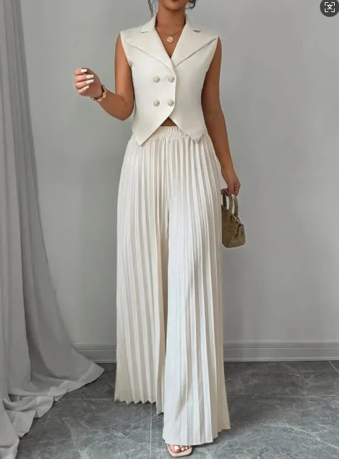 Elegant Formal Women Vest Trousers 2 Pieces Spring New Fashion Retro Wide-leg Pleated Pants Slimming Sleeveless Vest Female Set