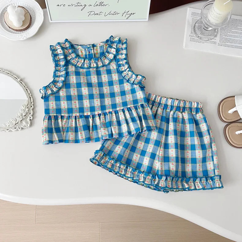 Girls 3-Piece Outfit Set – Blue Plaid Floral Sleeveless Top + Wide Leg Pants & Shorts, Summer Mix & Match Clothes