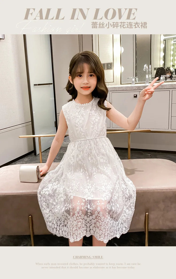 2026 summer Teenager kids Girls clothes floral mesh Princess white Dress lace off shoulder sleeveless 5 6 7 8 9 10 11 12 Years