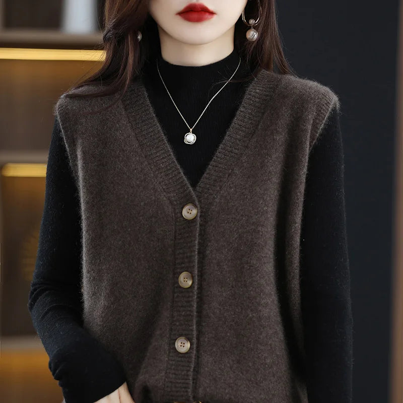 Girls Wear New Women's Loose High-End Waistcoat Knit Vest Wool V-Neck Solid Color Button Sleeveless Fashion Coat Cardigan Trend