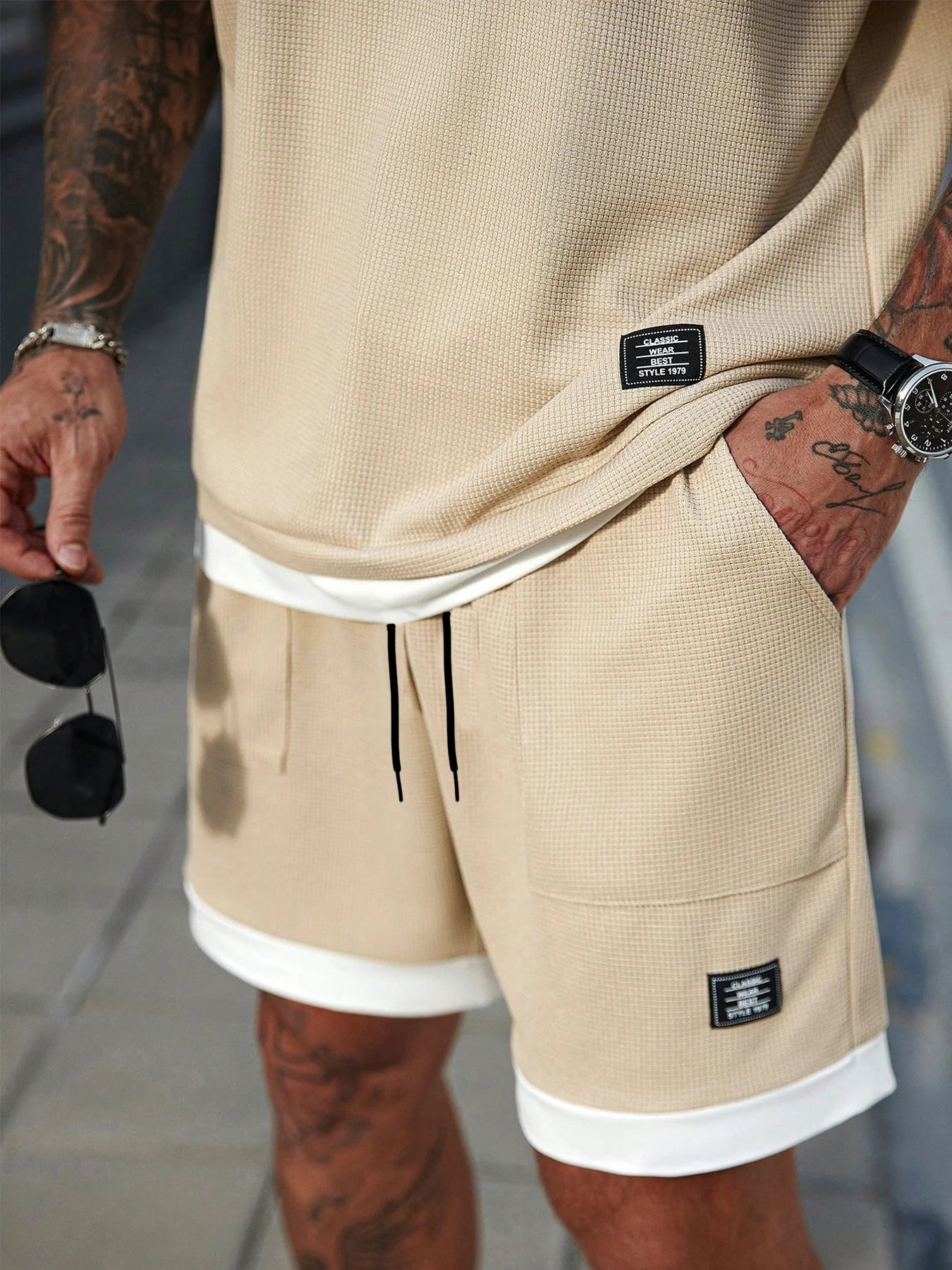 Men's Casual Athletic Set — Knitted fabric with slight stretch; available in medium-to-large sizes. Features a 2-in-1 elastic wa