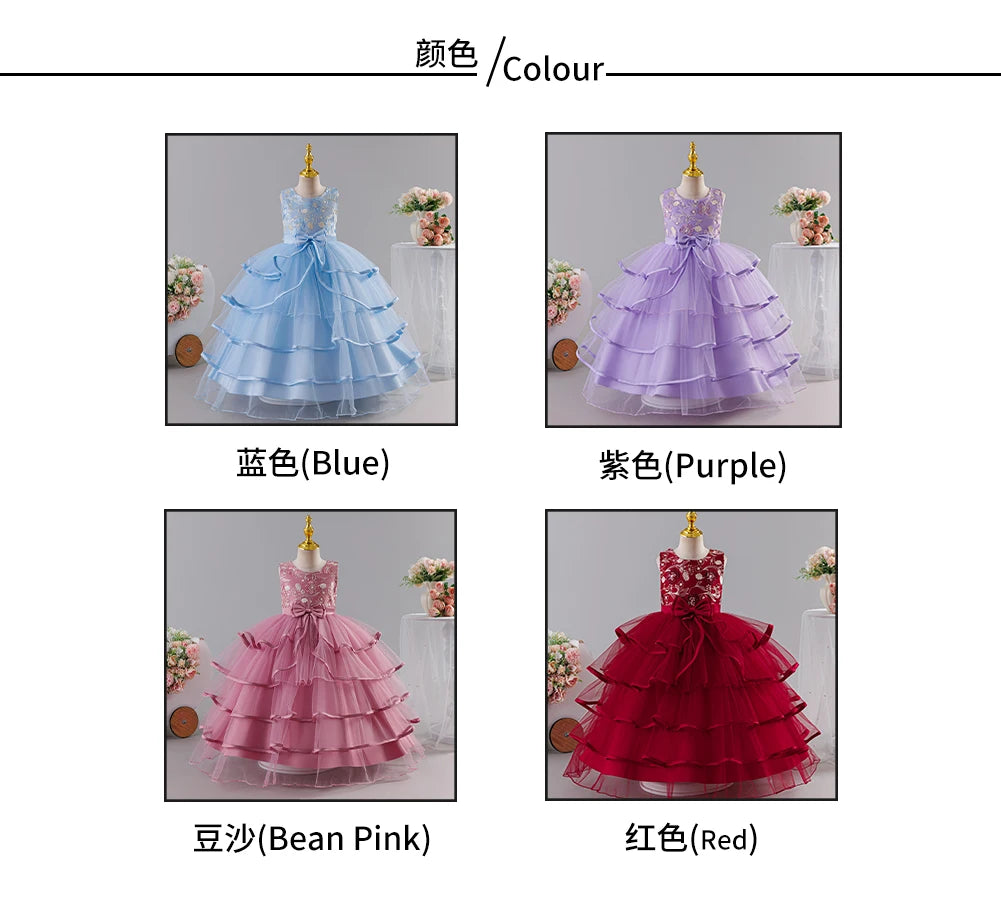 Girls Princess Dress Sleeveless Lace Embroidery Tiered Tulle Bow Formal Evening Gown for Wedding Birthday Party Christmas