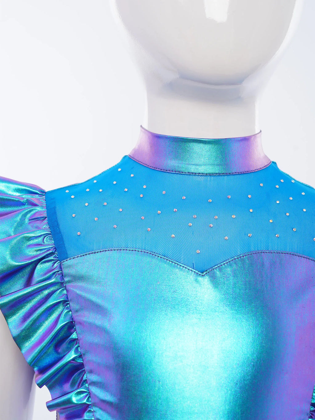 Kids Girls Metallic Shirts Party Disco Jazz Dance Tops Mock Neck Mesh Splice Shiny Rhinestone Sleeveless Ruffle Tank Crop Tops