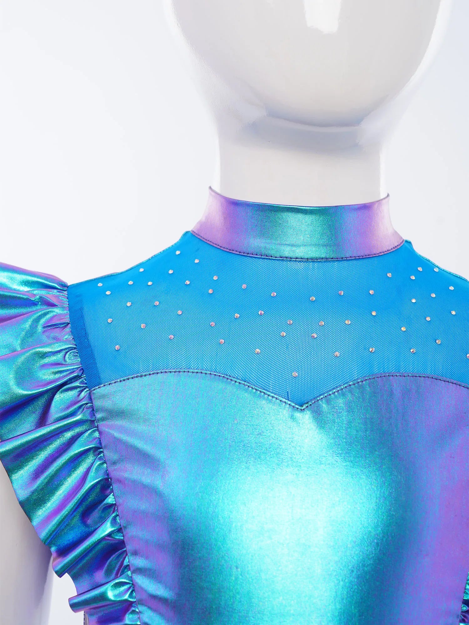 Kids Girls Metallic Shirts Party Disco Jazz Dance Tops Mock Neck Mesh Splice Shiny Rhinestone Sleeveless Ruffle Tank Crop Tops