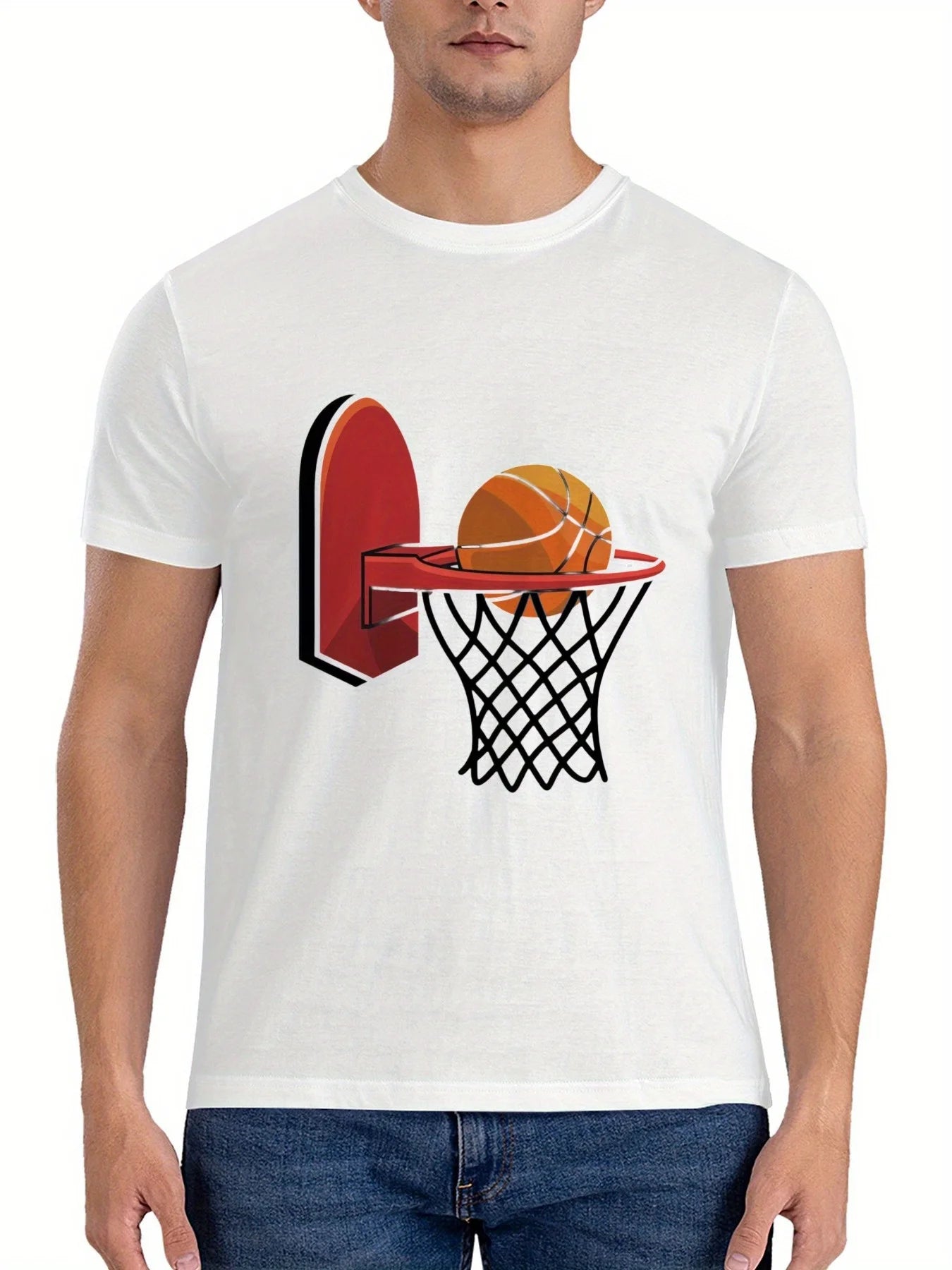 Men's Summer New Basketball Print T-Shirt, 100% Cotton, Loose Fit, Casual, Versatile Short Sleeve, Fashionable and Trendy Top