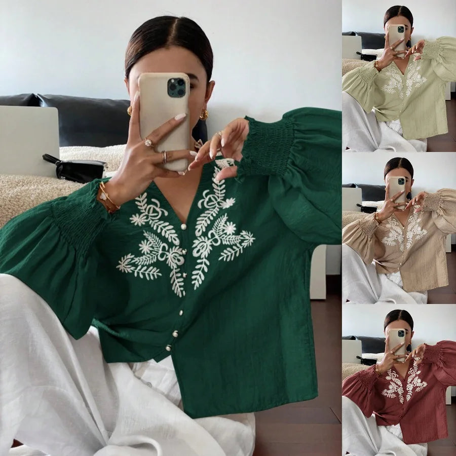 Women Autumn Single Breasted V-neck Blouses and Shirts Ladies Casual Embroidery Long Sleeve Shirt Tops