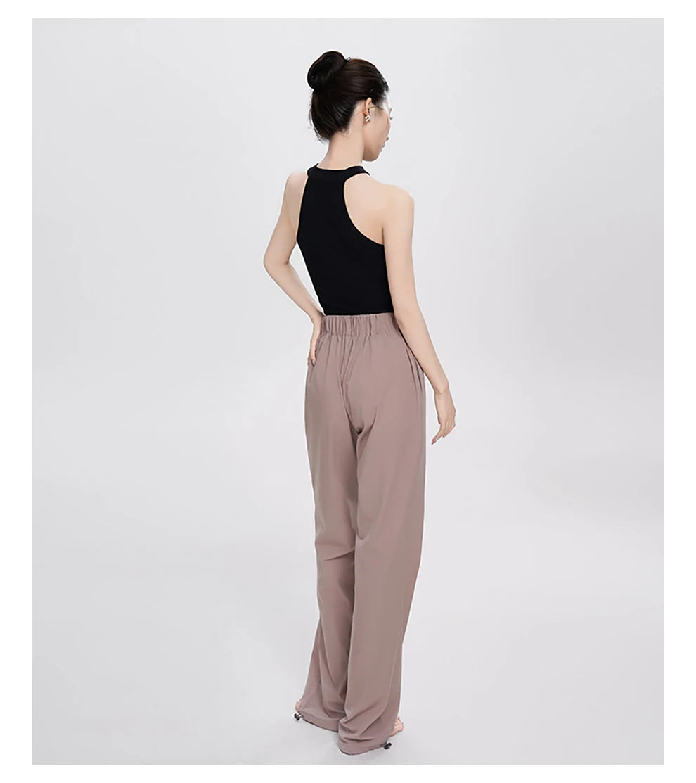 Women Adjustable High Waist Nylon Perspiration Casual Trousers with Pockets Female Athletic Dance Straight-leg Tracksuit Pants
