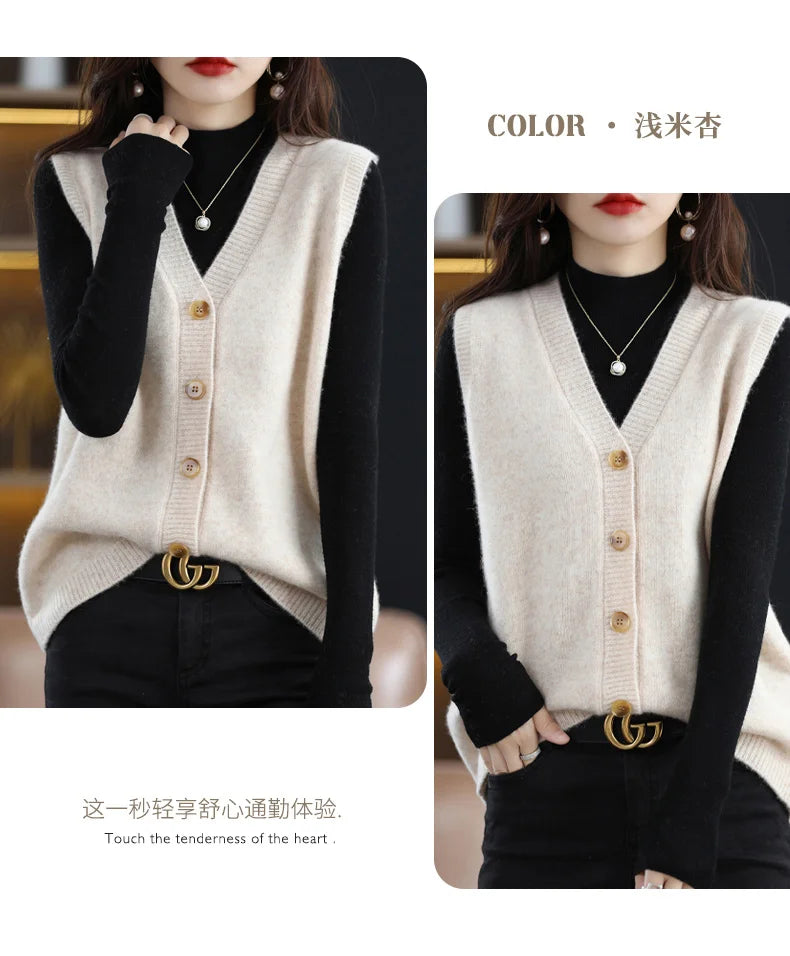 Girls Wear New Women's Loose High-End Waistcoat Knit Vest Wool V-Neck Solid Color Button Sleeveless Fashion Coat Cardigan Trend