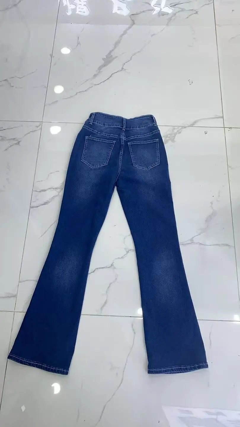 European and American women's jeans with trendy high street button design slim fit and slimming temperament micro flared pants