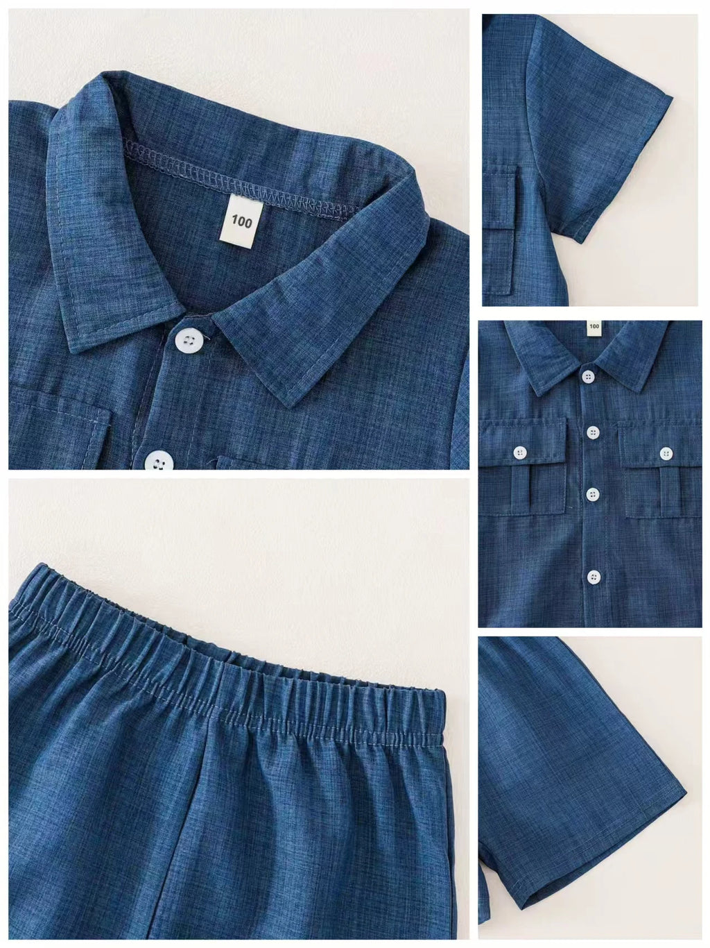 Boys Preppy Denim Blue Button Down Shirt 2Pcs Outfit, Short Sleeve Top + Shorts, Kids Summer Casual Clothes 3-12Y