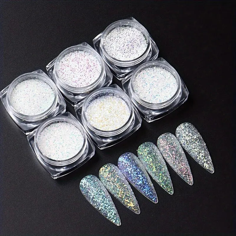 6pcs Nail Polish Glitter Fine Sand Holographic Glitter Powder Black White Reflective Pigment Flakes Powder Manicure Accessories