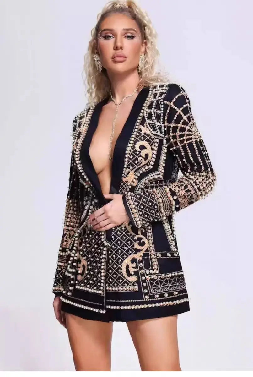 New Fashion Beaded V-neck Blazers for Women Streetwear Trendy High Quality Suit Jacket Coat Outerwear Female Clothing