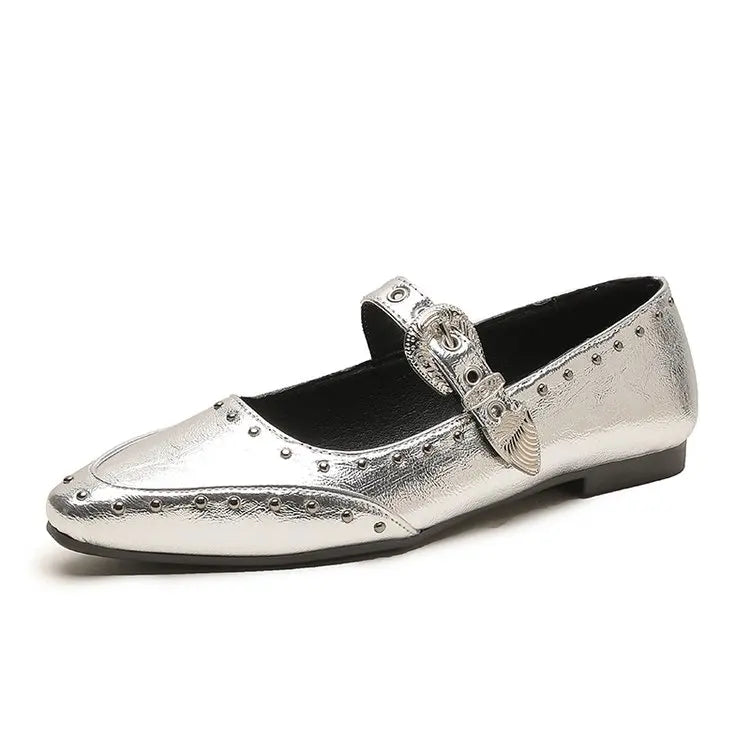 Women's Dance Shoes, Lightweight Punk Rivet Mary Jane Flats, Metallic Pointed Toe Casual Shoes for Festival,Party and Streetwear