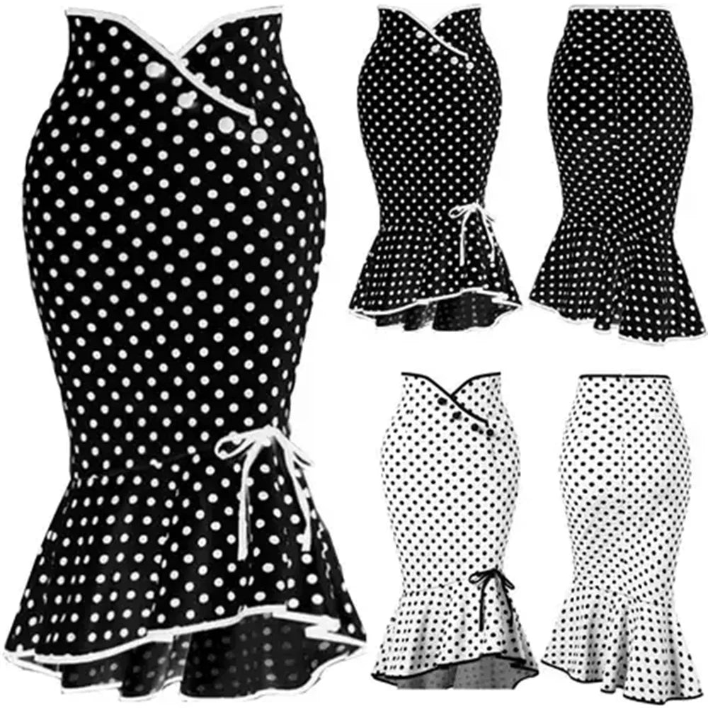 2025 Midi Skirt Womens Ruffles Bodycon Fishtail Skirt Retro Polka Dot Casual Party Pencil Skirt Midi Wrap Skirt Plus Size Skirts