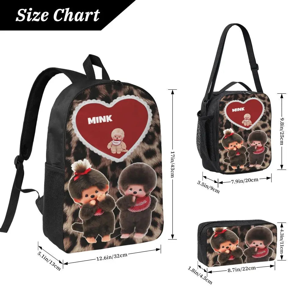 3Pcs Kawaii Monchhichis School bags Set for Girls Boys Pen Bags Backpack Sets with Lunch Box For School Students Daypack