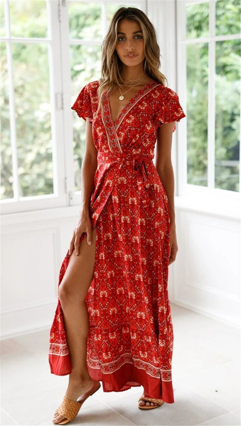 Summer Dress Women 2024 Short Sleeveless Casual V-neck Floral Print Boho Beach Long Dress S-3XL Sexy Split Party Robe