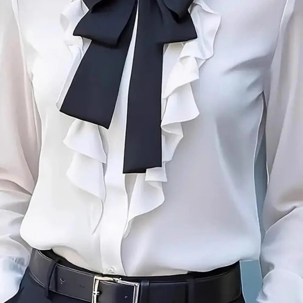 Women Shirts 2026 Spring Autumn Women Shirt Lapel Bow Ruffle Design Long Sleeve Shirt Tops Buttons Closure Shirt Blouses Tops
